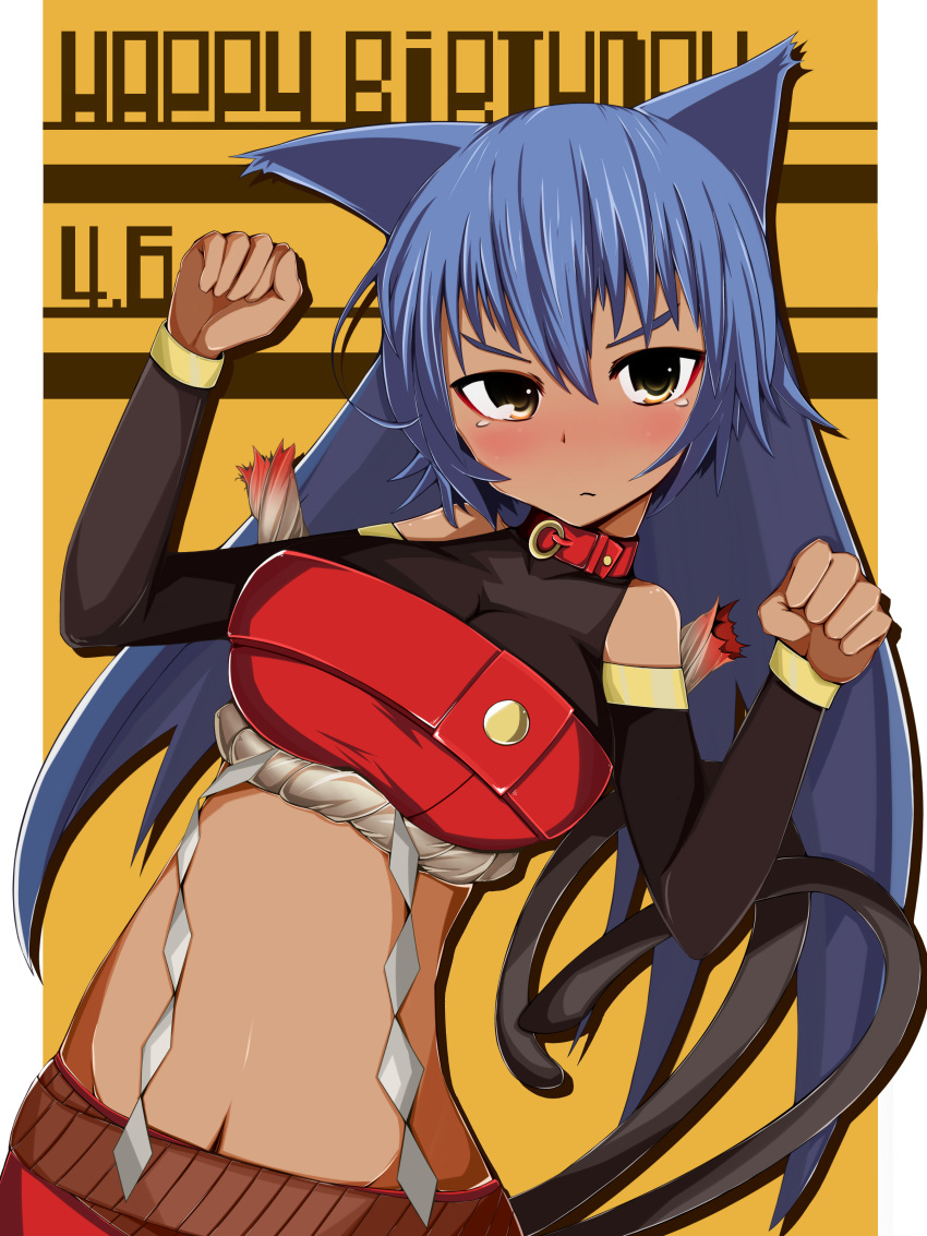 1girl absurdres animal_ears aoi_senri blue_hair blush borrowed_character breasts cat_ears cat_tail collar dated gaju_(akia73) happy_birthday highres long_hair looking_at_viewer multiple_tails original paw_pose simple_background solo tail yellow_background