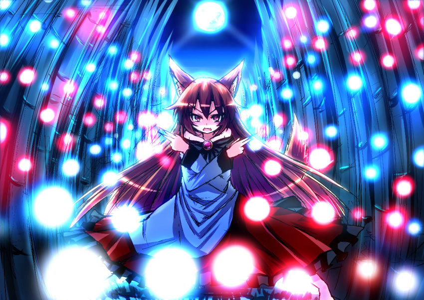 1girl amiru9 animal_ears bamboo bamboo_forest bare_shoulders brooch brown_hair crossed_arms danmaku fingernails forest full_moon imaizumi_kagerou jewelry layered_dress long_fingernails long_hair long_sleeves looking_at_viewer magic moon nature night open_mouth outdoors red_eyes sharp_fingernails solo tail touhou very_long_hair wolf_ears wolf_tail