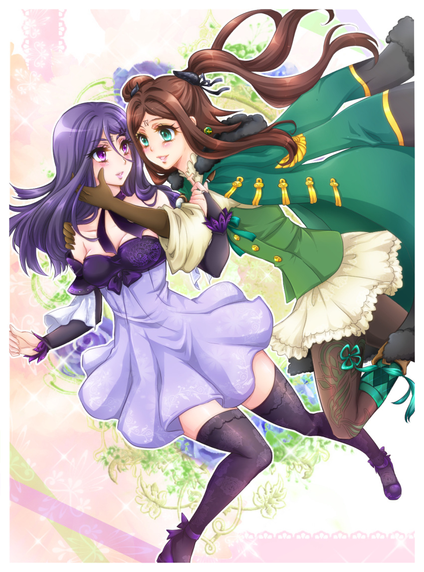 2girls blush breasts brown_hair choker drag-on_dragoon_3 dress elbow_gloves four_(drag-on_dragoon) gloves green_eyes hand_on_another's_cheek hand_on_another's_face highres jacket_on_shoulders kiraki multiple_girls pantyhose purple_hair skirt smile socks_over_pantyhose thigh-highs three_(drag-on_dragoon) twintails violet_eyes