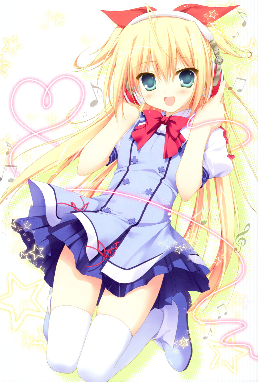 1girl :d absurdres blonde_hair blue_eyes bow dress hair_bow headphones heart highres long_hair magicarat_radiant musical_note open_mouth ryshell_burns smile thigh-highs white_legwear