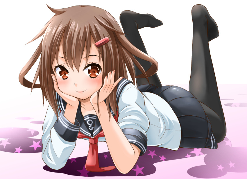 1girl blush brown_hair collarbone hair_ornament hairclip ikazuchi_(kantai_collection) kantai_collection long_sleeves orange_eyes personification school_uniform short_hair sinnosuke skirt sleeves_rolled_up smile solo