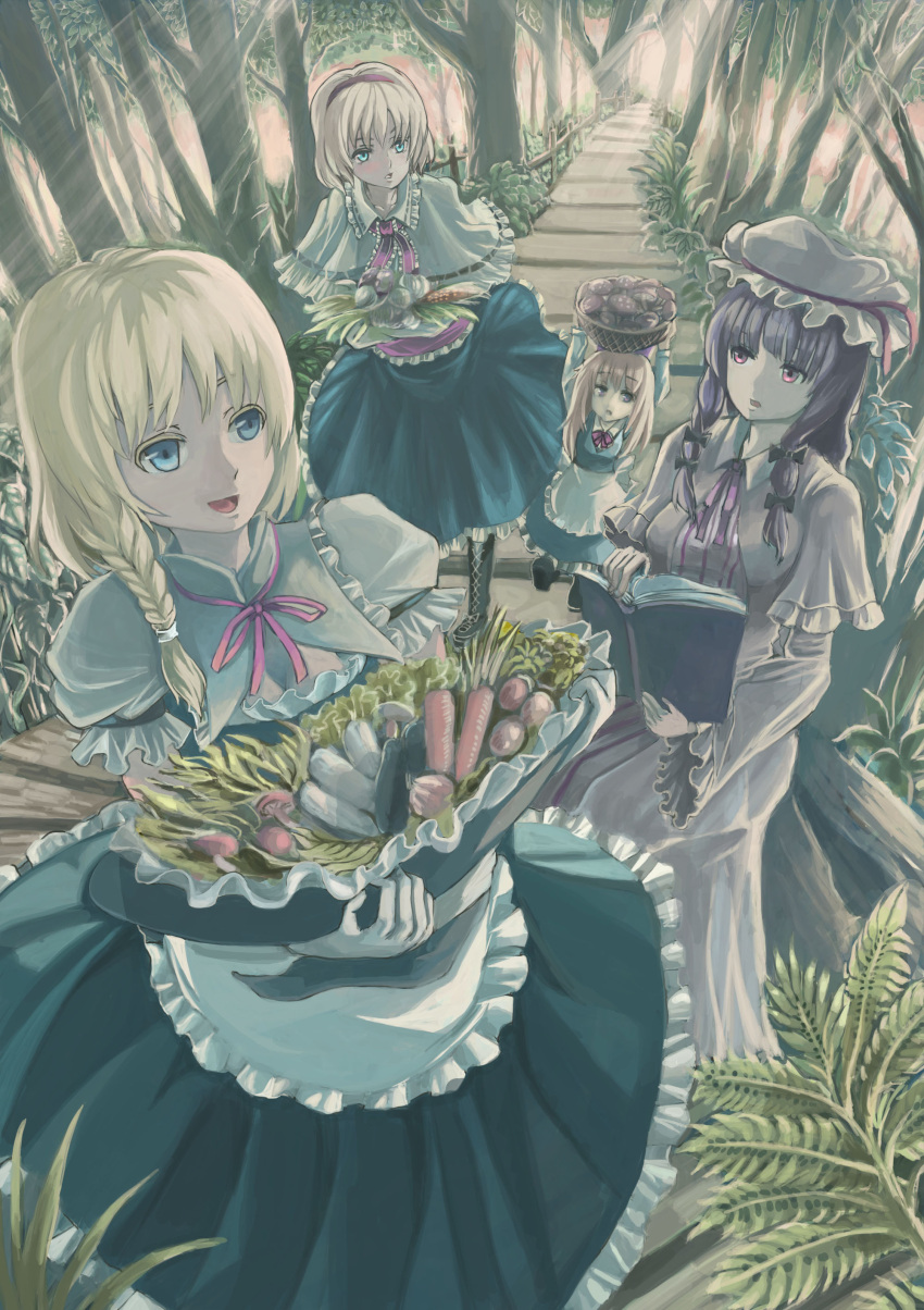 3girls absurdres alice_margatroid apron blonde_hair blue_eyes book bow braid capelet carrot carrying_overhead corn dress fern forest hair_bow hairband hat hat_basket hat_removed headwear_removed highres kirisame_marisa long_hair looking_away mob_cap multiple_girls mushroom nature open_book open_mouth outdoors patchouli_knowledge path payot puffy_short_sleeves puffy_sleeves purple_hair red_eyes ribbon road robe sash shanghai_doll shimada_takayuki short_hair short_sleeves single_braid sitting skirt skirt_set striped striped_dress touhou vegetable waist_apron