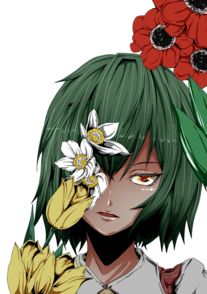 1girl absurdres anemone_(flower) close_up commentary_request face flower green_hair highres kazami_yuuka looking_at_viewer open_mouth potato_pot red_eyes simple_background solo touhou tulip white_background