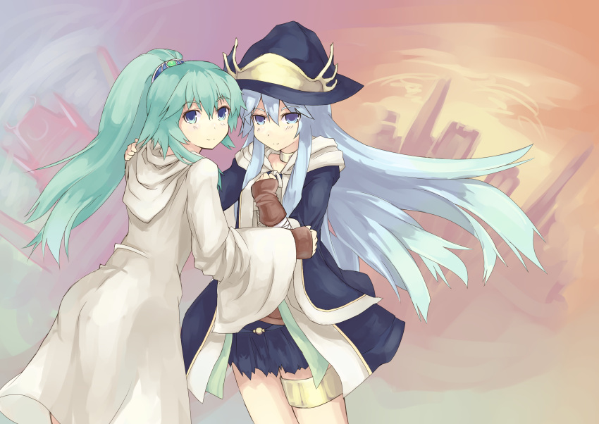 2girls bangs blue_eyes blue_hair coat fingerless_gloves gishki_ariel gloves green_eyes hand_on_another's_shoulder hat highres jewelry light_smile looking_at_viewer multiple_girls nomalandnomal ponytail robe skirt witch witch_hat wynnda_miko_of_the_gusta yuu-gi-ou yuu-gi-ou_duel_monsters