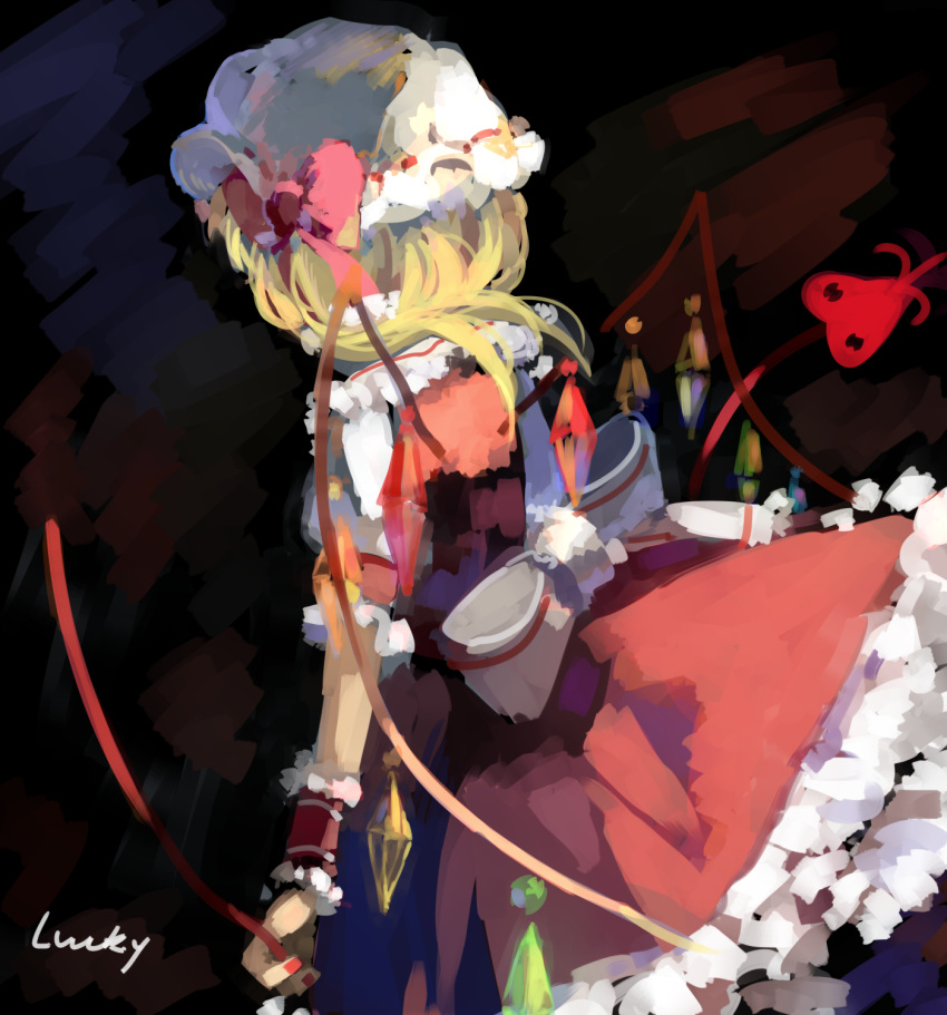 1girl blonde_hair check_commentary commentary commentary_request flandre_scarlet from_behind hat highres lucky_small_pride solo wings