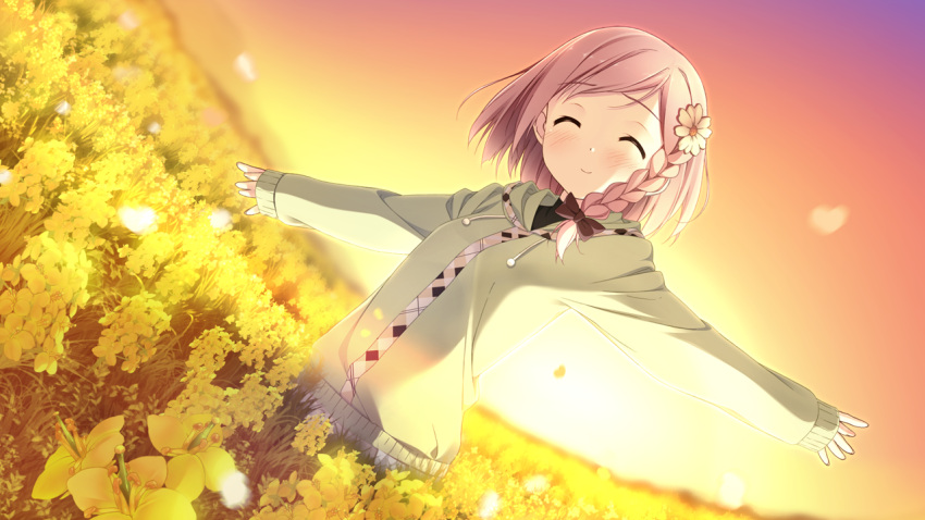 1girl blush field flower flower_field game_cg hair_flower hair_ornament kantoku pink_hair scenery short_hair smile solo sunset your_diary yua_(your_diary)