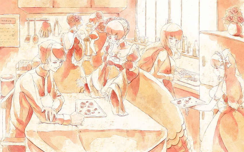 1boy 5girls apron beatrice beatrice_castiglioni bonnet bow choker clair_vaux_bernardus cookie cooking dress flower food hair_bun hair_flower hair_ornament kitchen knife monochrome multiple_girls multiple_persona starhoshi table tray umineko_no_naku_koro_ni ushiromiya_battler