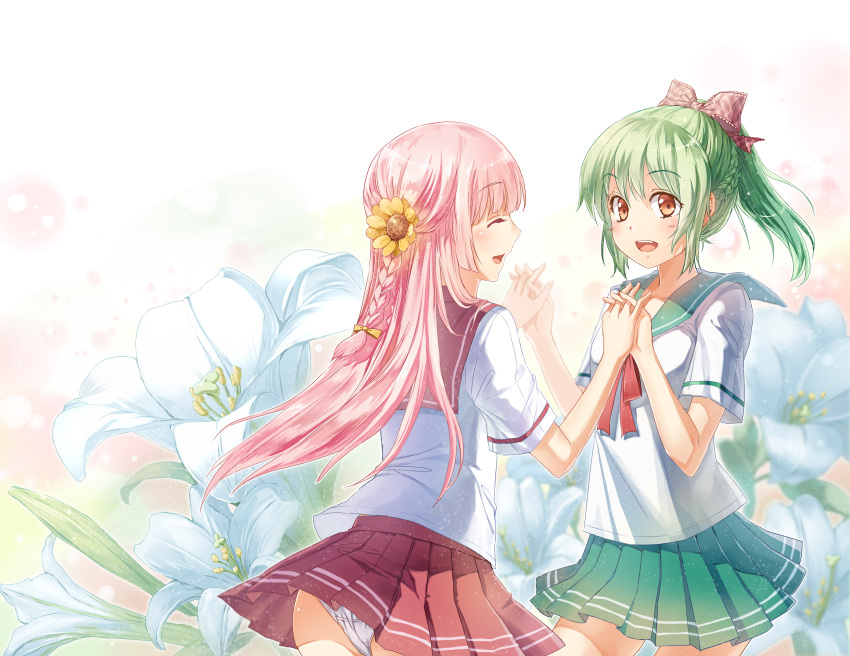 2girls bow braid closed_eyes flower flower_on_head french_braid green_hair green_skirt hair_bow hands_clasped highres holding_hands interlocked_fingers lily_(flower) looking_at_viewer multiple_girls neck_ribbon open_mouth original panties pantyshot pantyshot_(standing) pink_hair ponytail q3660966 red_skirt ribbon school_uniform skirt standing underwear white_panties yellow_eyes yuri
