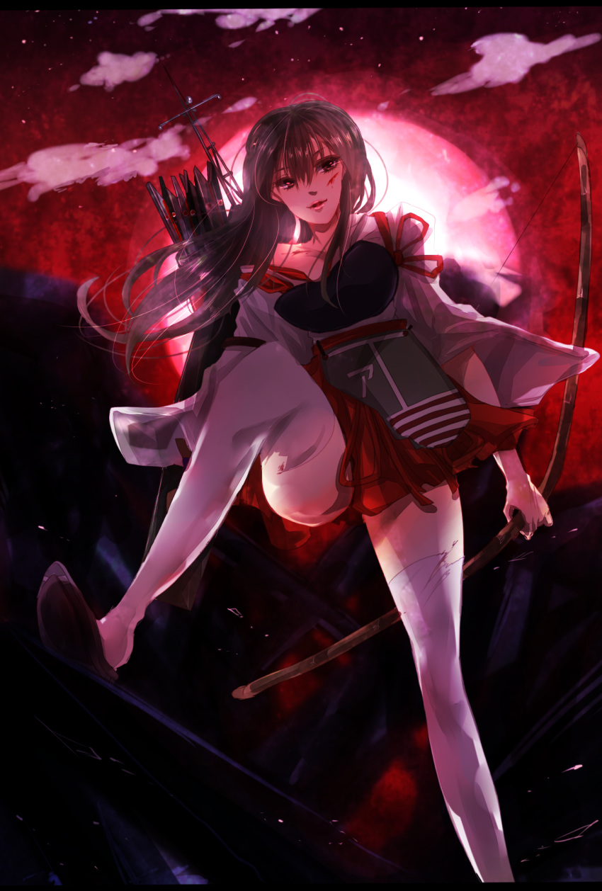 1girl akagi_(kantai_collection) archery arrow blood blush bow_(weapon) brown_eyes brown_hair damaged flight_deck hakama_skirt highres japanese_clothes kantai_collection kyuudou lips long_hair looking_at_viewer moon muneate night night_sky open_mouth personification quiver red_moon skirt sky thighhighs torn_clothes torn_thighhighs weapon white_legwear yugake