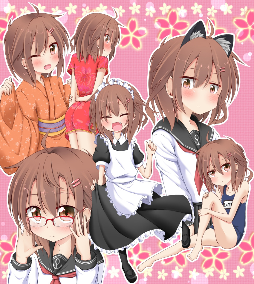 ahoge animal_ears bespectacled blush brown_eyes brown_hair cat_ears chinese_clothes closed_eyes glasses hair_ornament hairclip highres ikazuchi_(kantai_collection) japanese_clothes kantai_collection kimono long_sleeves looking_back naobe009 open_mouth personification puffy_sleeves school_swimsuit school_uniform serafuku short_hair short_sleeves skirt swimsuit wide_sleeves wink yukata