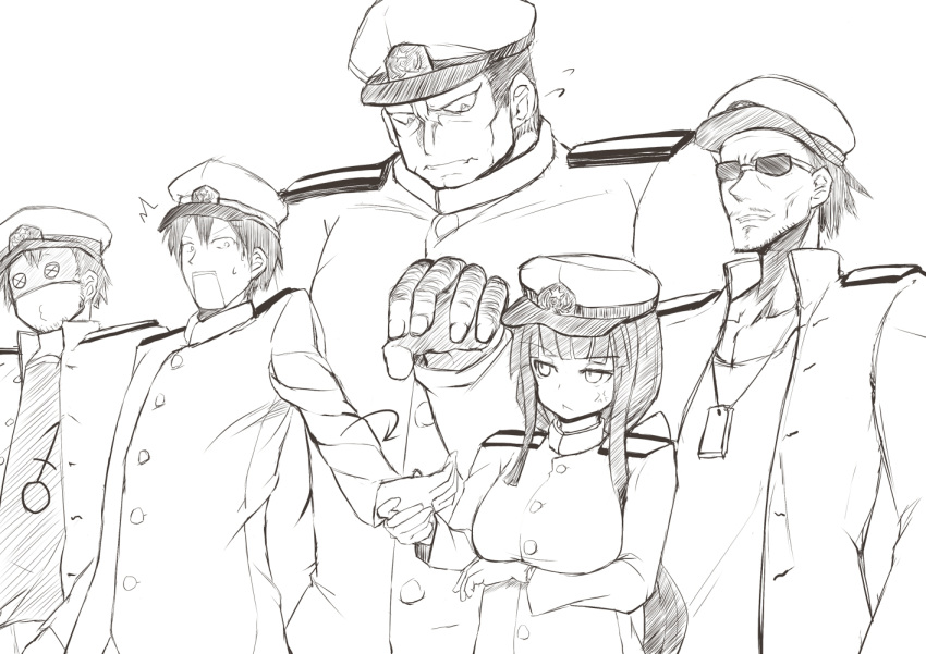 /\/\/\ 1girl 4boys admiral_(kantai_collection) anger_vein female_admiral_(kantai_collection) glasses long_hair long_sleeves mask military military_hat military_uniform multiple_boys naval_uniform open_mouth sketch sukage sunglasses sweatdrop tagme uniform very_long_hair