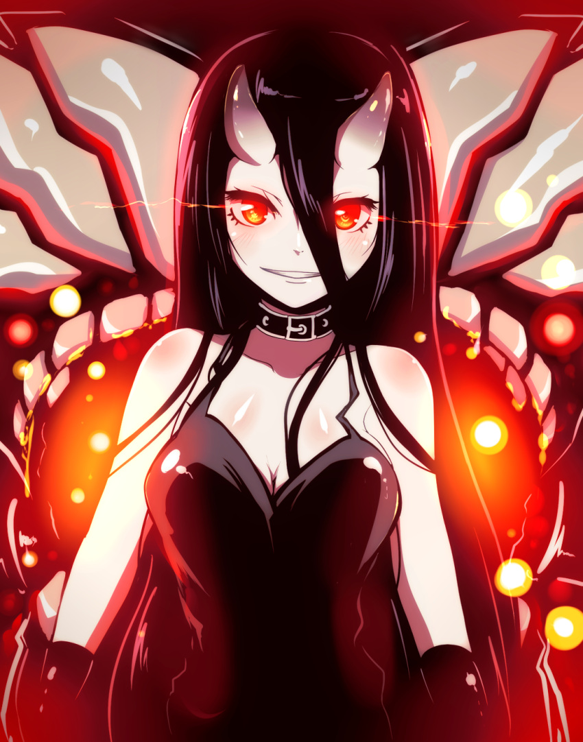 1girl battleship-symbiotic_hime black_hair breasts glowing glowing_eyes highres horns kantai_collection long_hair looking_at_viewer oni_horns pale_skin personification red_eyes shinkaisei-kan smile tom_(drpow)