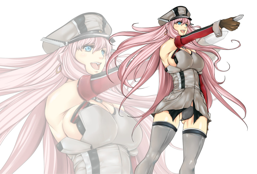 1girl bismarck_(kantai_collection) bismarck_(kantai_collection)_(cosplay) black_panties blue_eyes breasts brown_gloves cosplay detached_sleeves female gloves grey_legwear hat kantai_collection long_hair macross macross_frontier military military_uniform open_mouth outstretched_arm panties pantyshot pantyshot_(standing) peaked_cap pink_hair sheryl_nome solo standing thigh-highs tuna21 underwear uniform zoom_layer