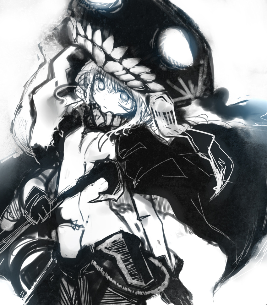 1girl blue_eyes bodysuit cape gloves glowing glowing_eyes hat highres izuoku kantai_collection monochrome open_mouth shinkaisei-kan short_hair solo teeth weapon wo-class_aircraft_carrier