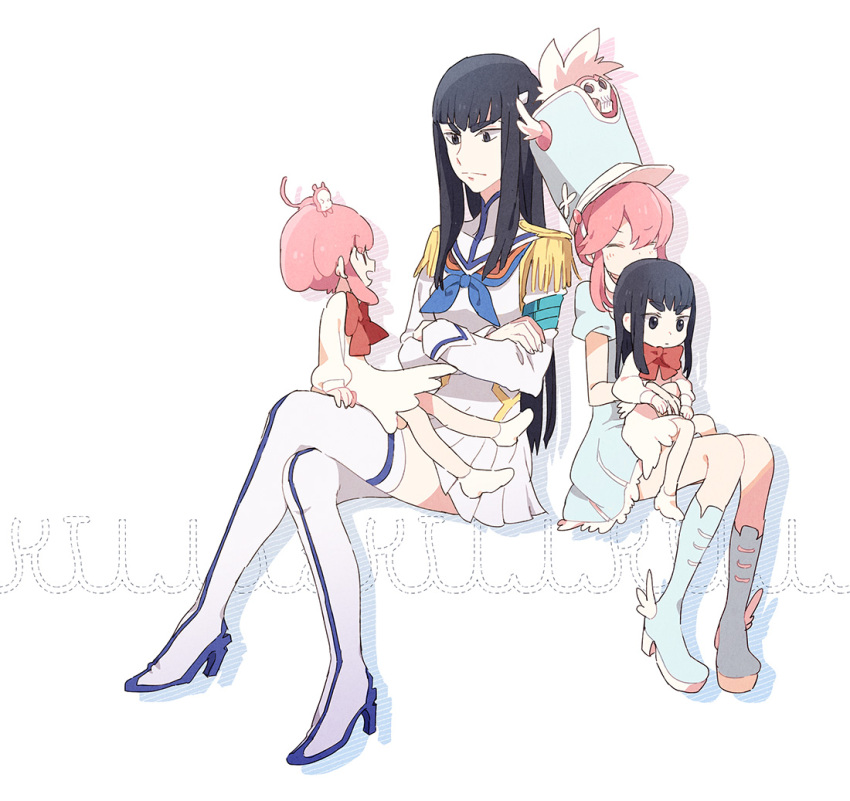 4girls black_hair boots bow child crossed_arms crossed_legs dress hat jakuzure_nonon junketsu kill_la_kill kiryuuin_satsuki long_hair multiple_girls pink_hair shako_cap short_hair sitting sitting_on_lap sitting_on_person thigh-highs thigh_boots time_paradox younger zipon