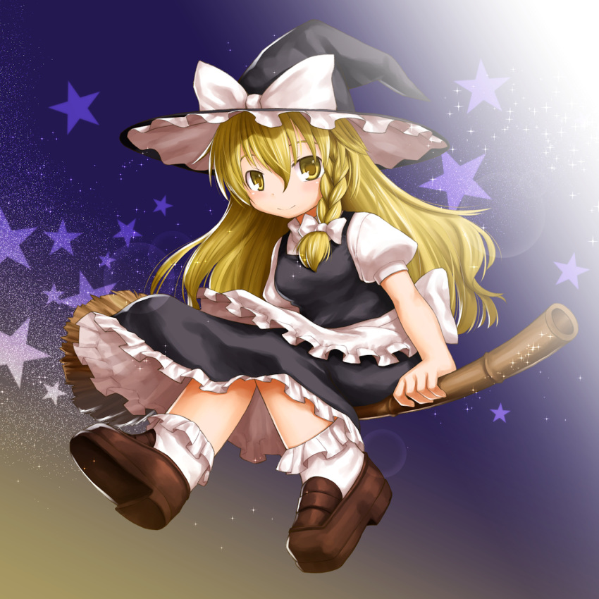 1girl blonde_hair braid broom broom_riding colored hat highres kasuga_yukihito kirisame_marisa long_hair revision side_braid single_braid smile solo star starry_background touhou witch_hat yellow_eyes