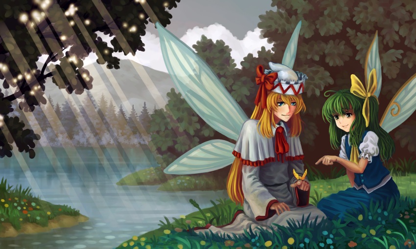 2girls blonde_hair blue_eyes butterfly capelet daiyousei fairy_wings green_eyes green_hair hat highres lake lily_white multiple_girls pointing touhou translucent tree u-joe wings