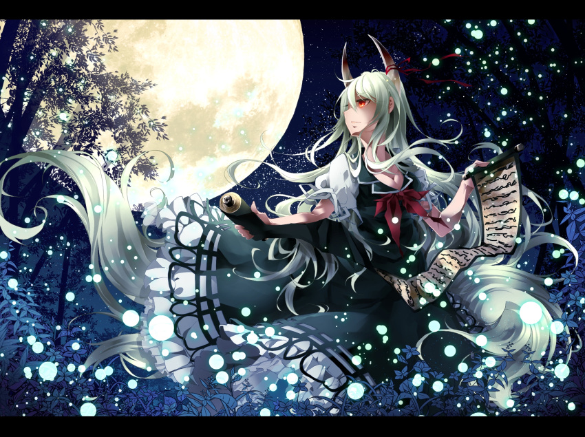 1girl absurdly_long_hair breasts cleavage dress ex-keine fireflies full_moon green_dress highres horn_ribbon horns kamishirasawa_keine large_breasts letterboxed long_hair moon neckerchief night puffy_sleeves red_eyes ribbon scroll shirt short_sleeves silver_hair sky solo star_(sky) starry_sky touhou toutenkou tree very_long_hair