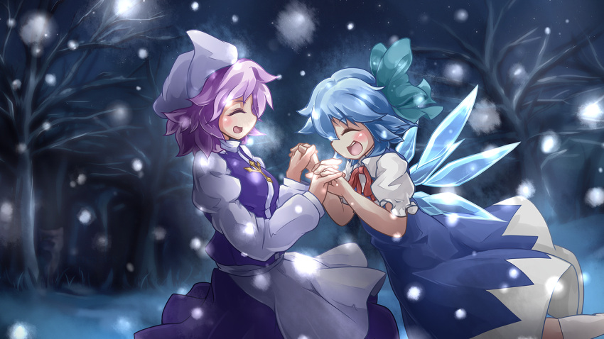 2girls apron blue_hair blush bow cirno dress forest hair_bow hat ice ice_wings lavender_hair letty_whiterock long_sleeves multiple_girls nature open_mouth purple_hair ribbon scarf short_hair short_sleeves skirt smile snow snowing solo touhou vest wings