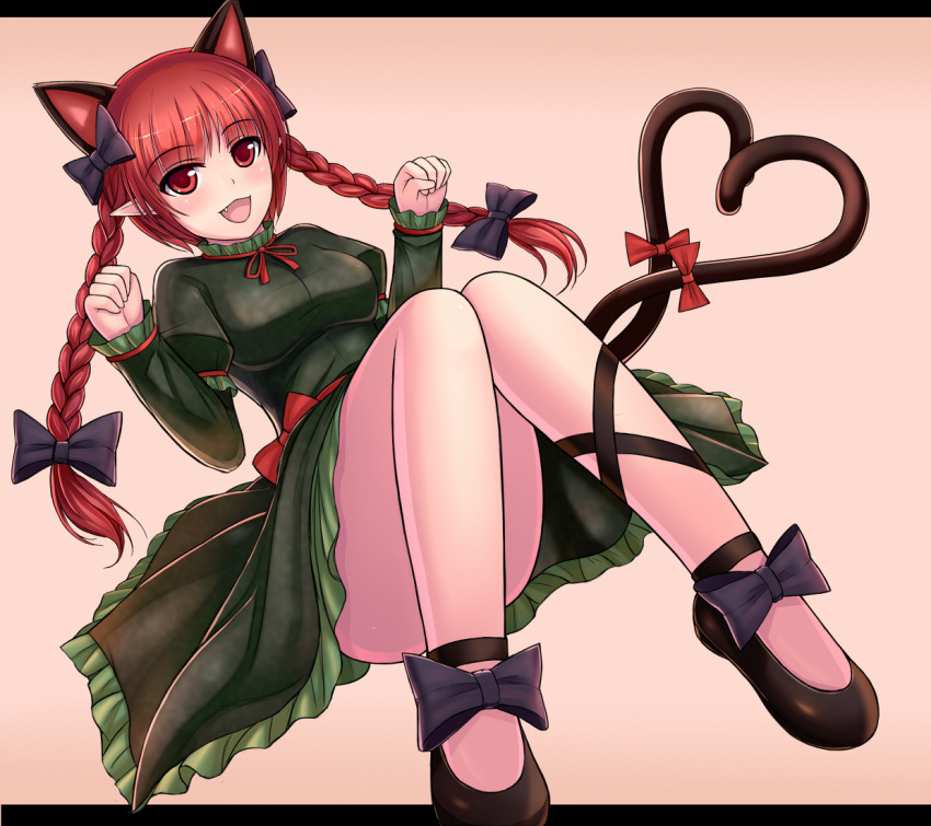 1girl animal_ears braid breasts cat_ears cat_tail censored convenient_censoring dress extra_ears fang green_dress heart heart_tail juliet_sleeves kaenbyou_rin letterboxed long_hair long_sleeves looking_at_viewer multiple_tails nekozombie no_panties open_mouth paw_pose pointy_ears puffy_sleeves red_eyes redhead ribbon sitting smile solo tail tail_ribbon touhou twin_braids upskirt very_long_hair