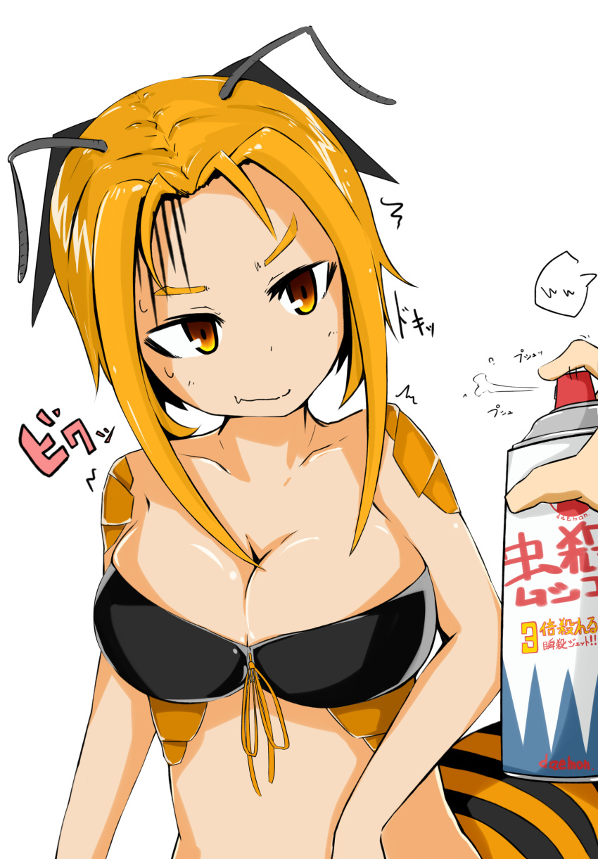 1girl absurdres antennae bee_girl blonde_hair breasts bug_spray cleavage gaju_(akia73) highres insect_girl large_breasts monster_girl original short_hair simple_background white_background yellow_eyes
