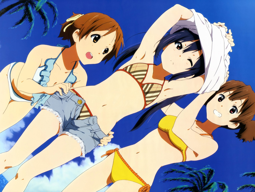 3girls :&lt; armpits arms_up bare_shoulders bikini black_hair blush brown_eyes brown_hair denim denim_shorts flat_chest hair_ribbon highres hirasawa_ui k-on! long_hair multiple_girls nakano_azusa navel official_art open_mouth ponytail ribbon scan short_hair short_twintails shorts smile suzuki_jun swimsuit twintails undressing wink