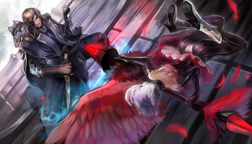 1boy 1girl animal armor artist_request belt boots brown_hair cigarette dutch_angle elbow_gloves feathers fox frown gloves goggles goggles_on_head hair_over_one_eye highres knife lance necktie original pantyhose pixiv_fantasia pixiv_fantasia_fallen_kings polearm red_eyes scowl short_hair skirt weapon white_hair wings