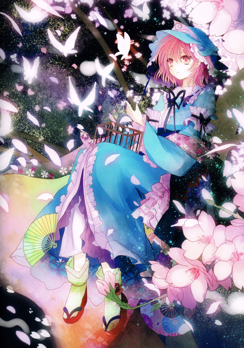 1girl absurdres blue_dress bow butterfly cherry_blossoms dress fan flower frilled_dress frills hat highres hitodama huge_filesize japanese_clothes kazu_(muchuukai) long_sleeves mob_cap parted_lips petals pink_eyes pink_hair puffy_sleeves saigyouji_yuyuko scan short_hair sitting socks solo touhou triangular_headpiece veil white_legwear wide_sleeves