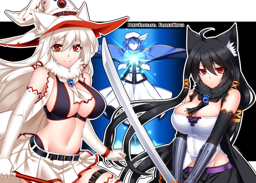 3girls animal_ears black_hair blue_eyes blue_hair borrowed_character cat_ears hat konshin long_hair multiple_girls pixiv_fantasia_fallen_kings red_eyes sword weapon white_hair