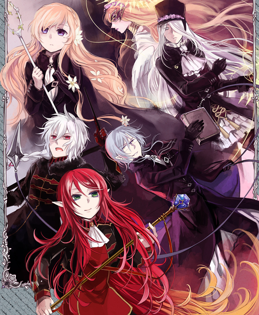 2boys 4girls angry artist_request bags_under_eyes blonde_hair book braid dress earrings elf expressionless flower formal glasses gloves green_eyes grey_hair hair_over_one_eye hat highres jewelry long_hair mask mole multiple_boys multiple_girls neck_ribbon open_mouth original pixiv_fantasia pixiv_fantasia_fallen_kings pointy_ears red_eyes ribbon short_hair silver_hair skirt smile staff suit violet_eyes wand whip white_hair wings yellow_eyes