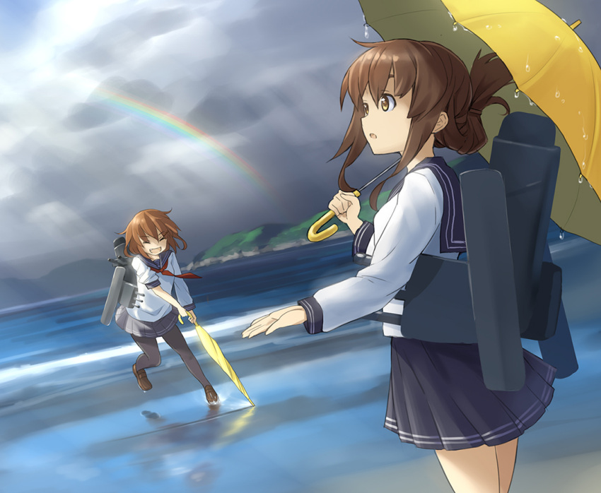 2girls brown_hair cannon closed_eyes clouds fang ikazuchi_(kantai_collection) inazuma_(kantai_collection) kantai_collection kuro_oolong long_sleeves multiple_girls ocean open_mouth pantyhose rainbow school_uniform short_hair skirt sky sleeves_rolled_up turret umbrella weapon yellow_eyes