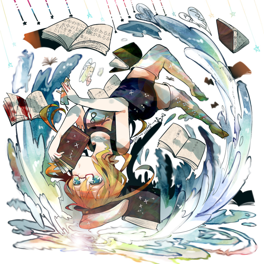 1girl blonde_hair blue_eyes book bookmark glasses hat highres i-8_(kantai_collection) itomugi-kun kantai_collection long_hair personification sailor_hat school_swimsuit solo swimsuit thigh-highs upside-down water wavy_hair white_legwear