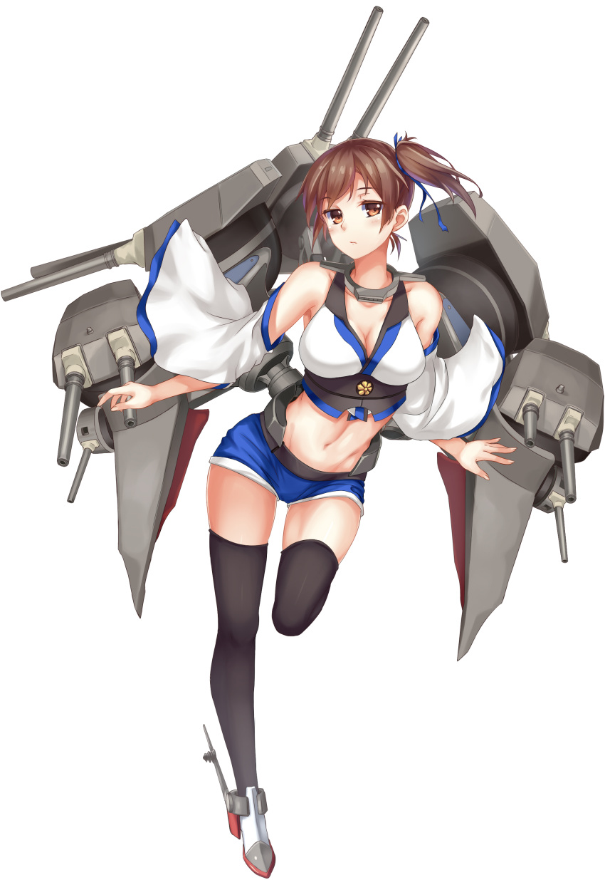 1girl absurdres black_legwear blush breasts brown_eyes brown_hair cannon cleavage collarbone detached_sleeves highres kaga_(kantai_collection) kantai_collection navel personification short_hair short_shorts shorts side_ponytail solo thighhighs turret weapon white_background wide_sleeves zi_se