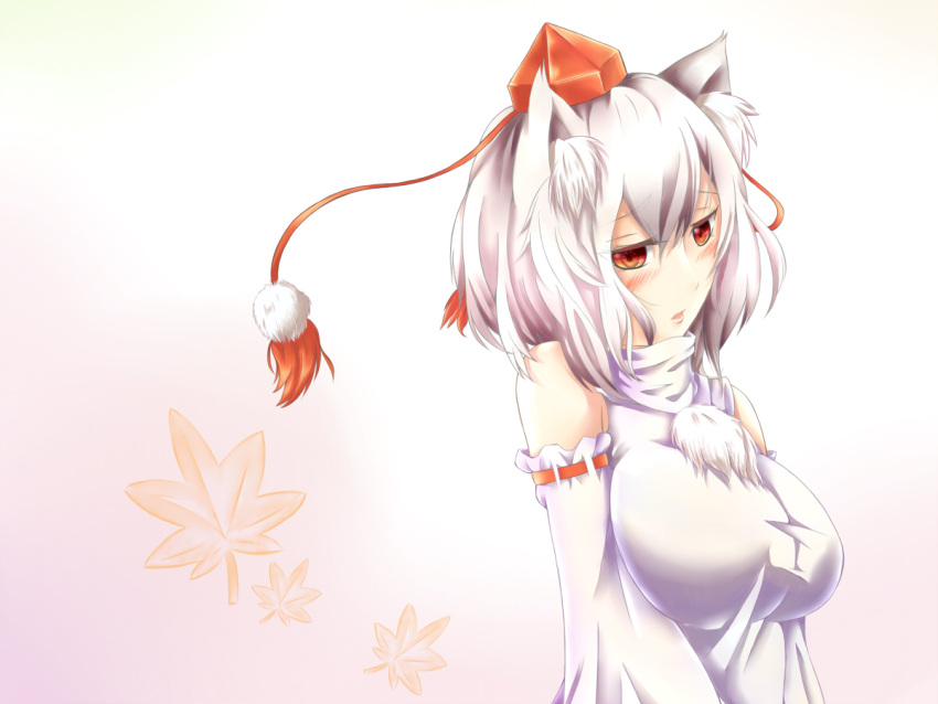 1girl animal_ears bare_shoulders blush breast_squeeze breasts detached_sleeves embarrassed hat inubashiri_momiji large_breasts looking_at_viewer open_mouth red_eyes retorosoft short_hair silver_hair solo tokin_hat touhou wolf_ears