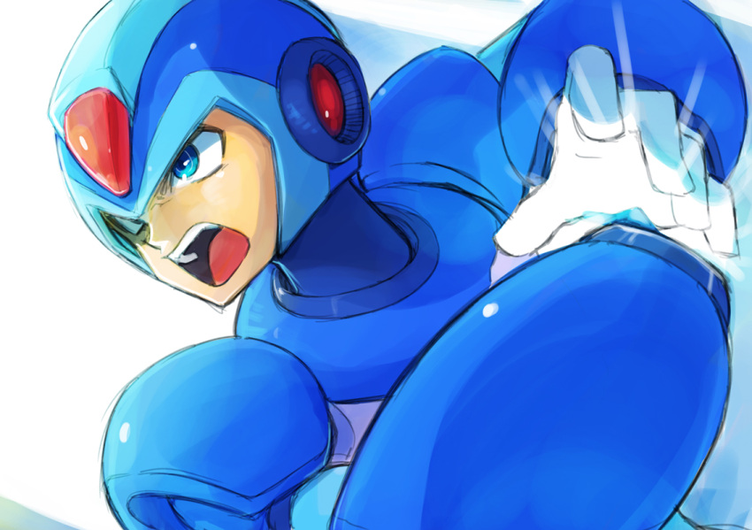1boy aosa_(momikin) open_mouth rockman rockman_(character) simple_background solo white_background