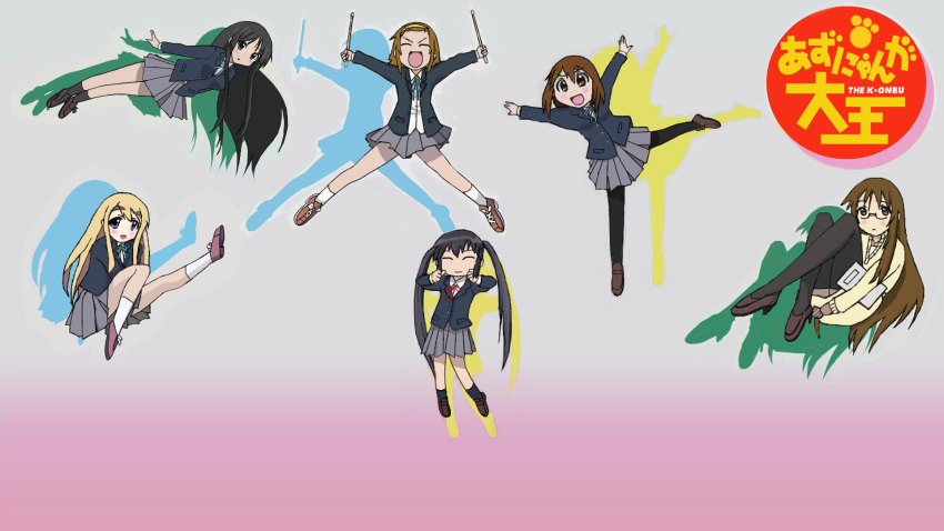 akiyama_mio artist_request azumanga_daioh black_eyes black_hair blonde_hair blue_eyes brown_hair highres hirasawa_yui k-on! kotobuki_tsumugi long_hair multiple_girls nakano_azusa parody school_uniform short_hair smile tagme tainaka_ritsu twintails yamanaka_sawako