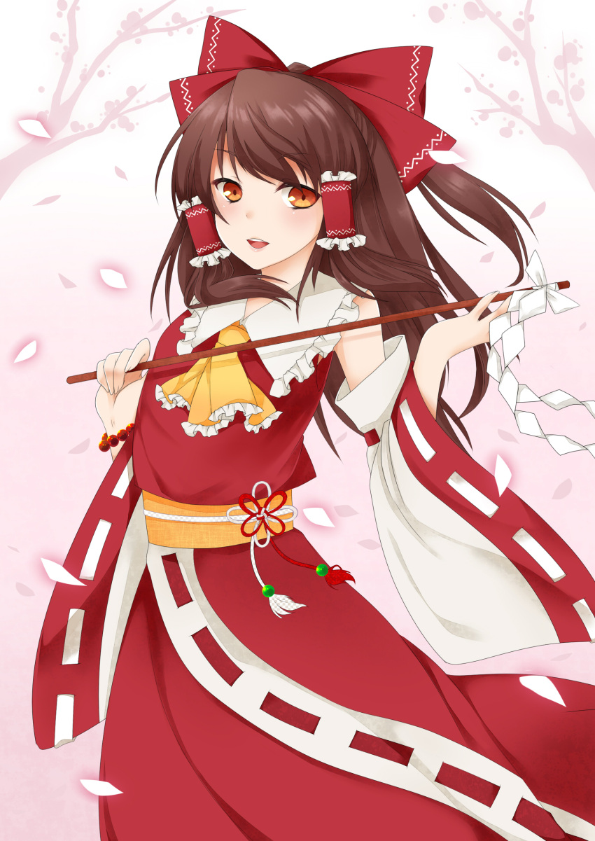 1girl absurdres bare_shoulders bow brown_eyes brown_hair cherry_blossoms detached_sleeves hair_bow hair_tubes hakurei_reimu haraegushi highres nontraditional_miko open_mouth petals solo touhou yami_nabe