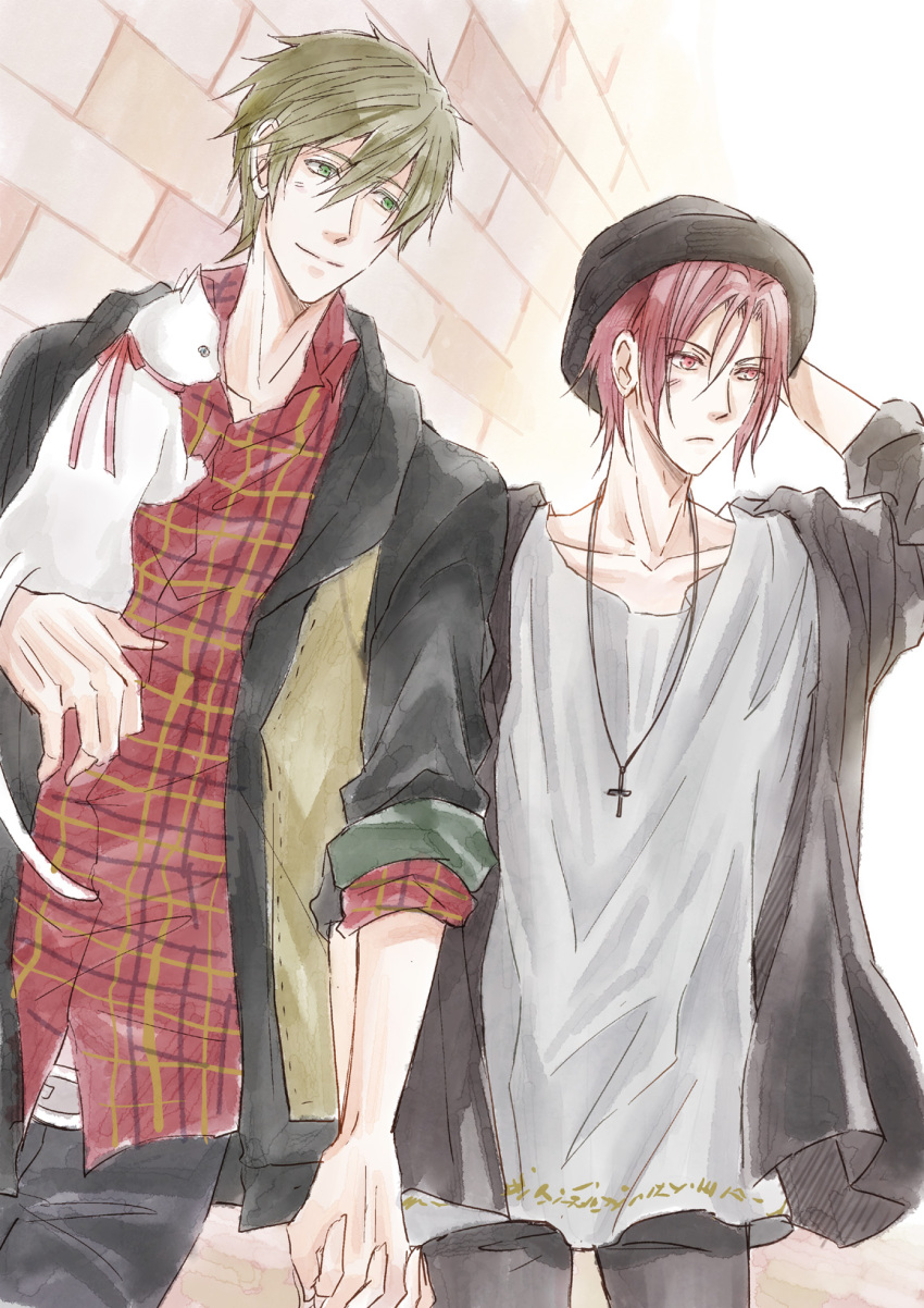 2boys brown_hair cat cross dutch_angle free! green_eyes hat highres holding_hands jewelry kaoru matsuoka_rin multiple_boys necklace plaid plaid_shirt red_eyes redhead smile tachibana_makoto white_cat yaoi