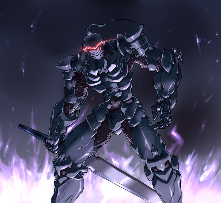 1boy armor arondight berserker_(fate/zero) depo_(typebaby505) fate/zero fate_(series) fire full_armor highres purple_fire solo sword weapon