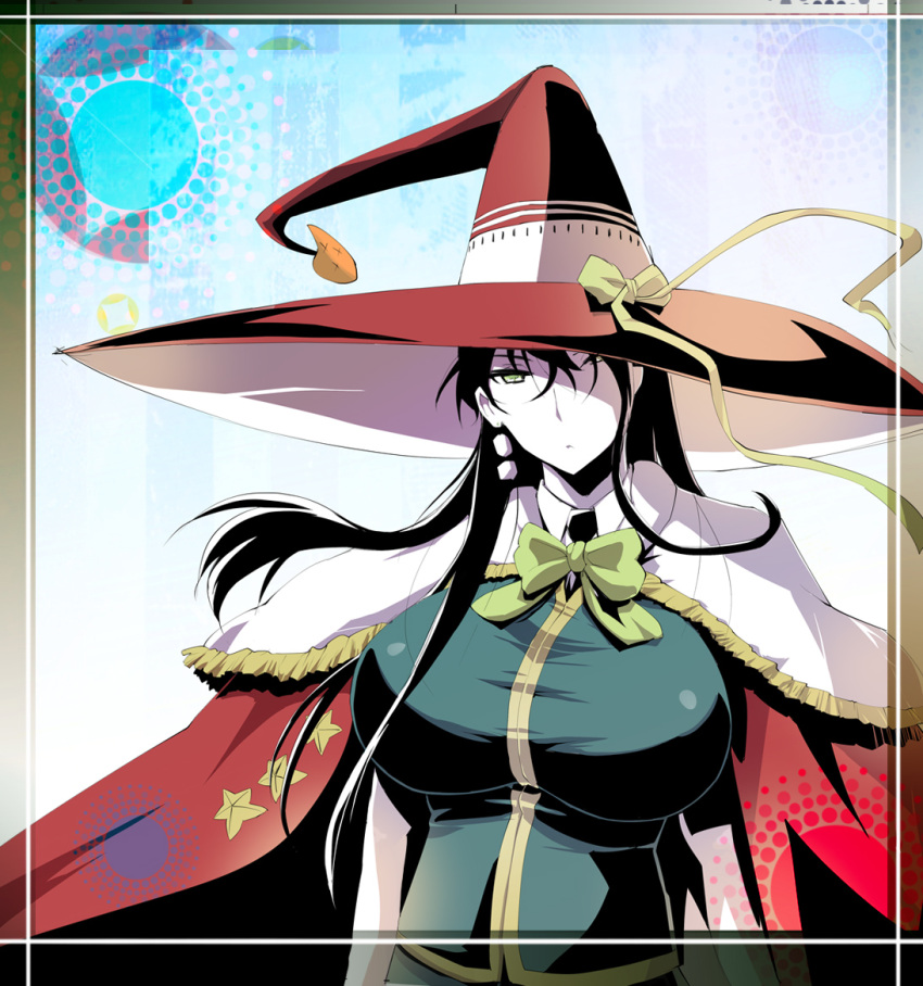 1girl black_hair breasts cape green_eyes hat_over_one_eye kagari_ayaka large_breasts long_hair looking_at_viewer solo witch_craft_works yunioshi