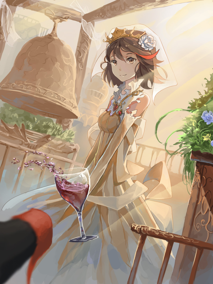 1girl alcohol bell blurry brooch brown_eyes brown_hair cup depth_of_field dress elbow_gloves gloves highres jewelry kill_la_kill looking_at_viewer matoi_ryuuko multicolored_hair senketsu short_hair smile solo spilling streaked_hair tiara two-tone_hair veil wine wine_glass ylpylf