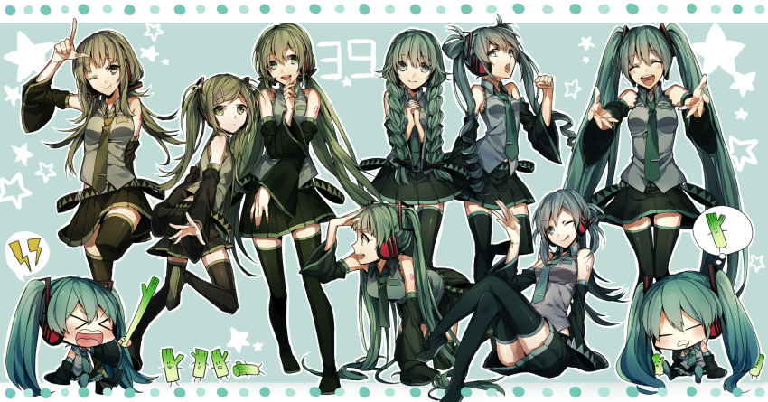&gt;_&lt; 39 6+girls belt boots braid chibi closed_eyes crossed_legs detached_sleeves green_eyes green_hair hair_ornament hairclip hands_clasped hatsune_miku headphones highres long_hair multiple_girls necktie open_mouth sitting skirt sleeping spring_onion star thigh-highs thigh_boots twin_braids twintails very_long_hair vocaloid wink wonoco0916