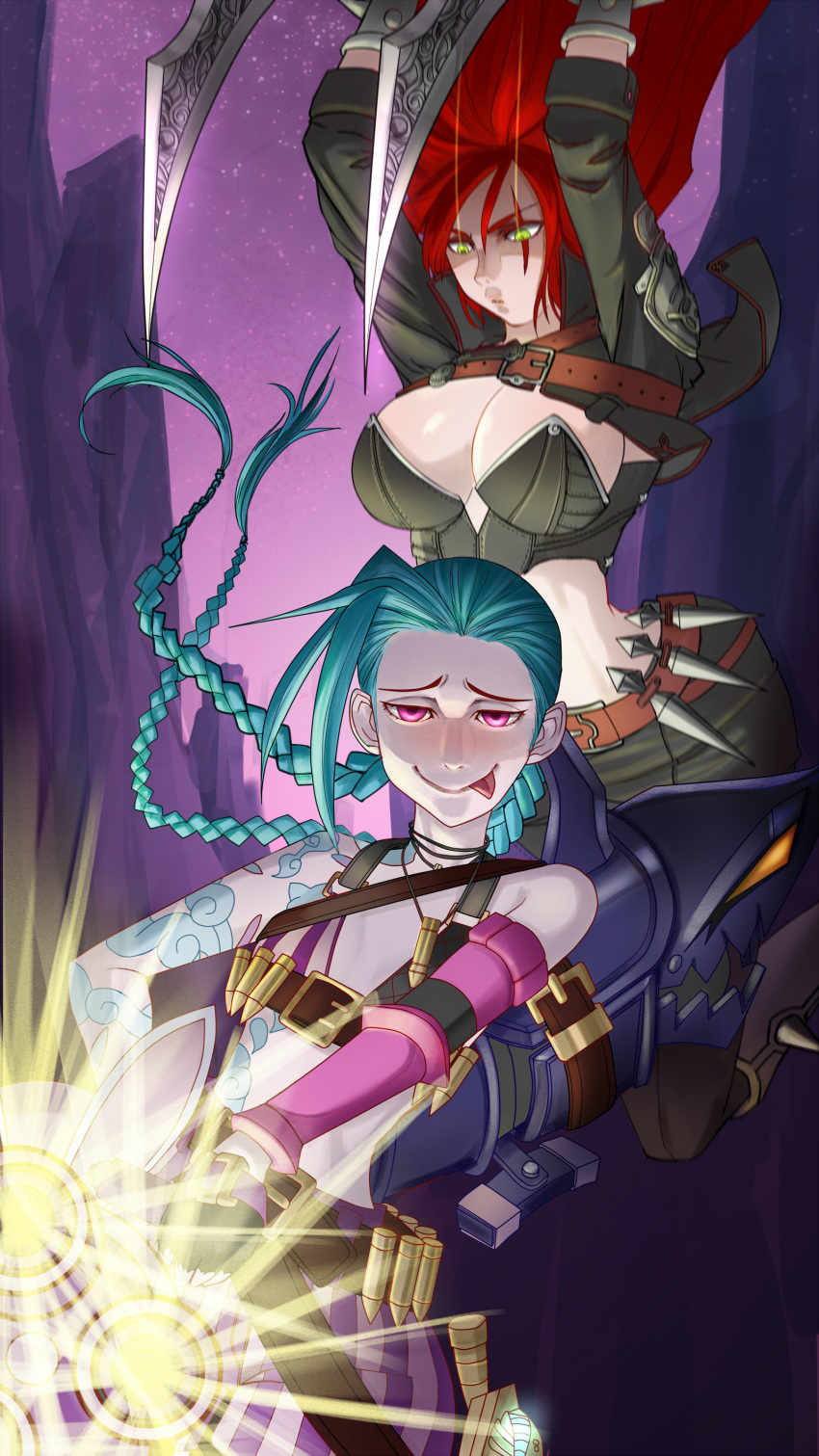 absurdres bare_shoulders belt bikini_top blue_hair blush braid breasts cleavage fingerless_gloves flat_chest gloves green_eyes gun highres jewelry jinx_(league_of_legends) katarina_du_couteau knife league_of_legends long_hair multiple_girls necklace redhead scar smile tattoo twin_braids usually very_long_hair weapon
