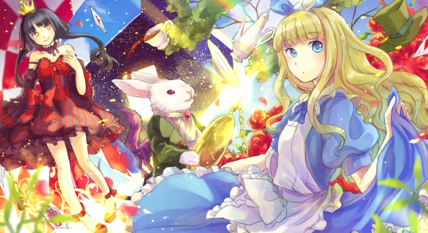 2girls alice_(wonderland) alice_in_wonderland apron black_hair blonde_hair blue_eyes bow checkered choker corset crown cup dress formal frills hair_bow hat long_hair multiple_girls pocket_watch queen_of_hearts rabbit saucer shinigami_(pixiv4727902) smile suit tea teacup teapot top_hat watch white_rabbit yellow_eyes