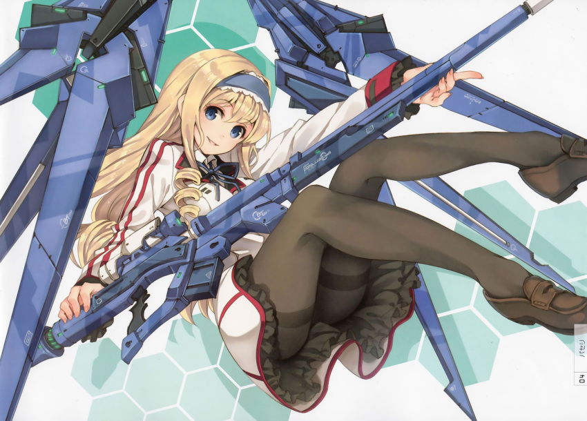 1girl artist_request black_legwear blonde_hair blue_eyes cecilia_alcott drill_hair gun hairband head_tilt highres infinite_stratos loafers long_hair looking_at_viewer no_shoes pantyhose ribbon scan school_uniform shoes smile solo thighband_pantyhose weapon