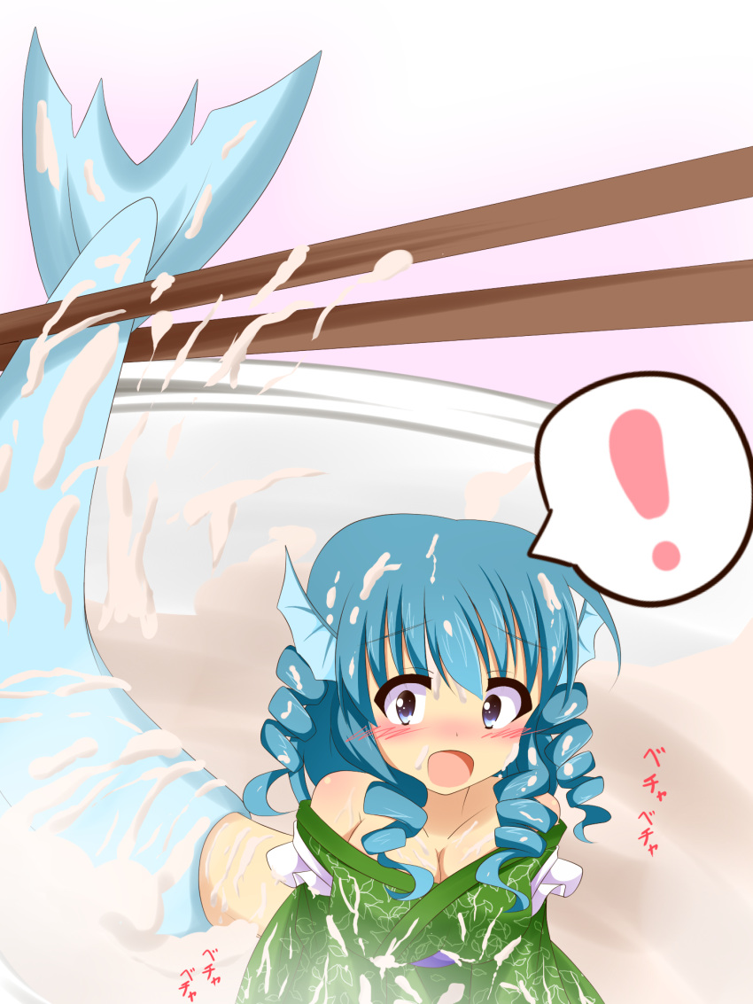 1girl blue_eyes blue_hair blush breasts chopsticks cleavage collarbone feitonokesin floral_print head_fins highres in_bowl in_container japanese_clothes kimono large_breasts mermaid minigirl monster_girl open_mouth spoken_exclamation_mark touhou wakasagihime