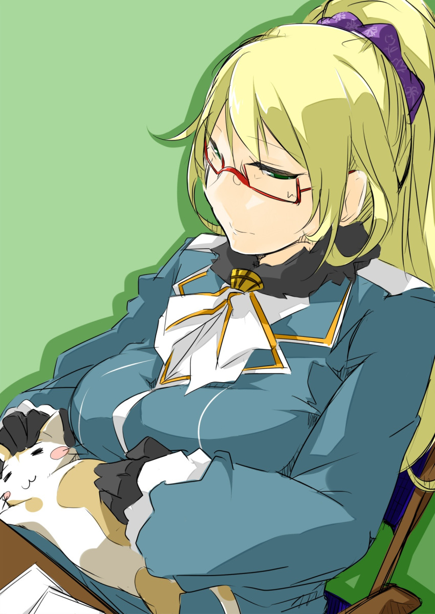 1girl alternate_hairstyle atago_(kantai_collection) bespectacled blonde_hair cat chair glasses green_eyes highres kantai_collection long_hair long_sleeves lying manabebebe military military_uniform personification sitting solo uniform