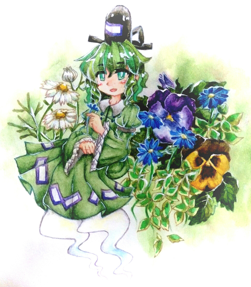 1girl andonkurage blush_stickers daisy dress flower ghost_tail gradient gradient_background green_dress green_eyes green_hair hat highres long_sleeves looking_at_viewer pansy parted_lips short_hair soga_no_tojiko solo tate_eboshi touhou traditional_media violet_(flower) watercolor_(medium)