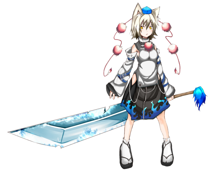 1girl animal_ears breasts chipped_sword detached_sleeves hat inubashiri_momiji looking_at_viewer short_hair shun_soku simple_background solo sword tokin_hat touhou weapon white_background wolf_ears yellow_eyes
