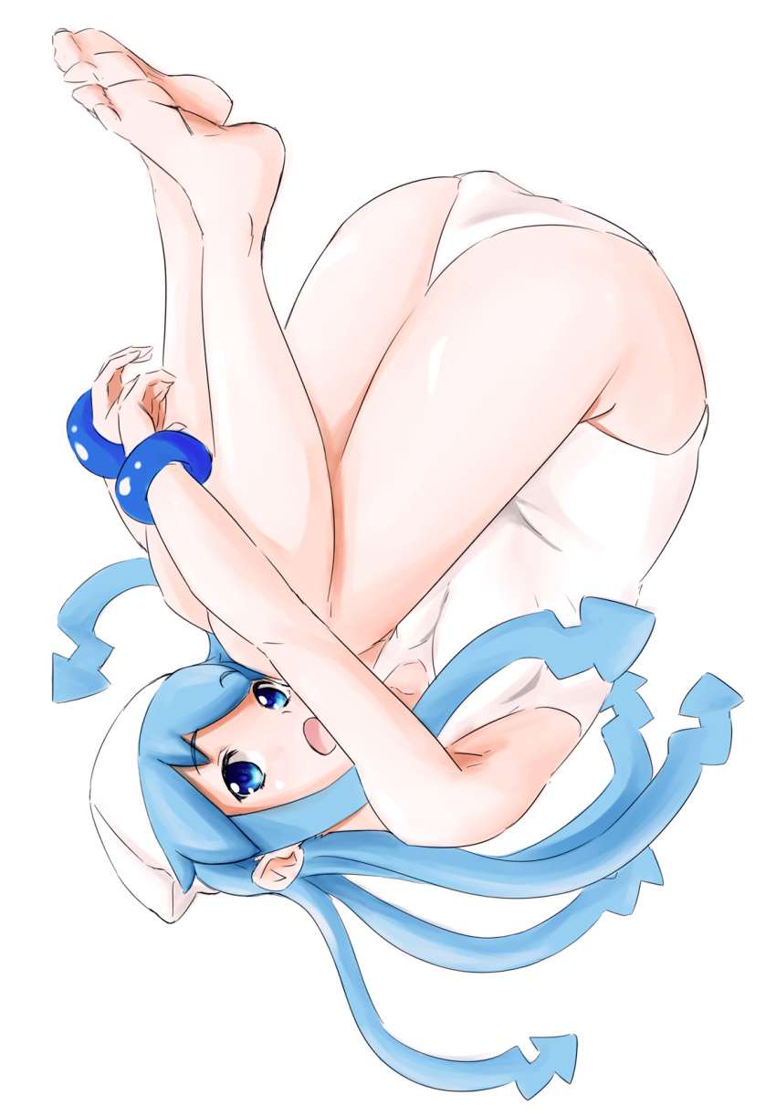 1girl blue_eyes blue_hair hat highres ikamusume long_hair one-piece_swimsuit open_mouth ozisun1103 shinryaku!_ikamusume solo swimsuit tentacle_hair upside-down white_swimsuit